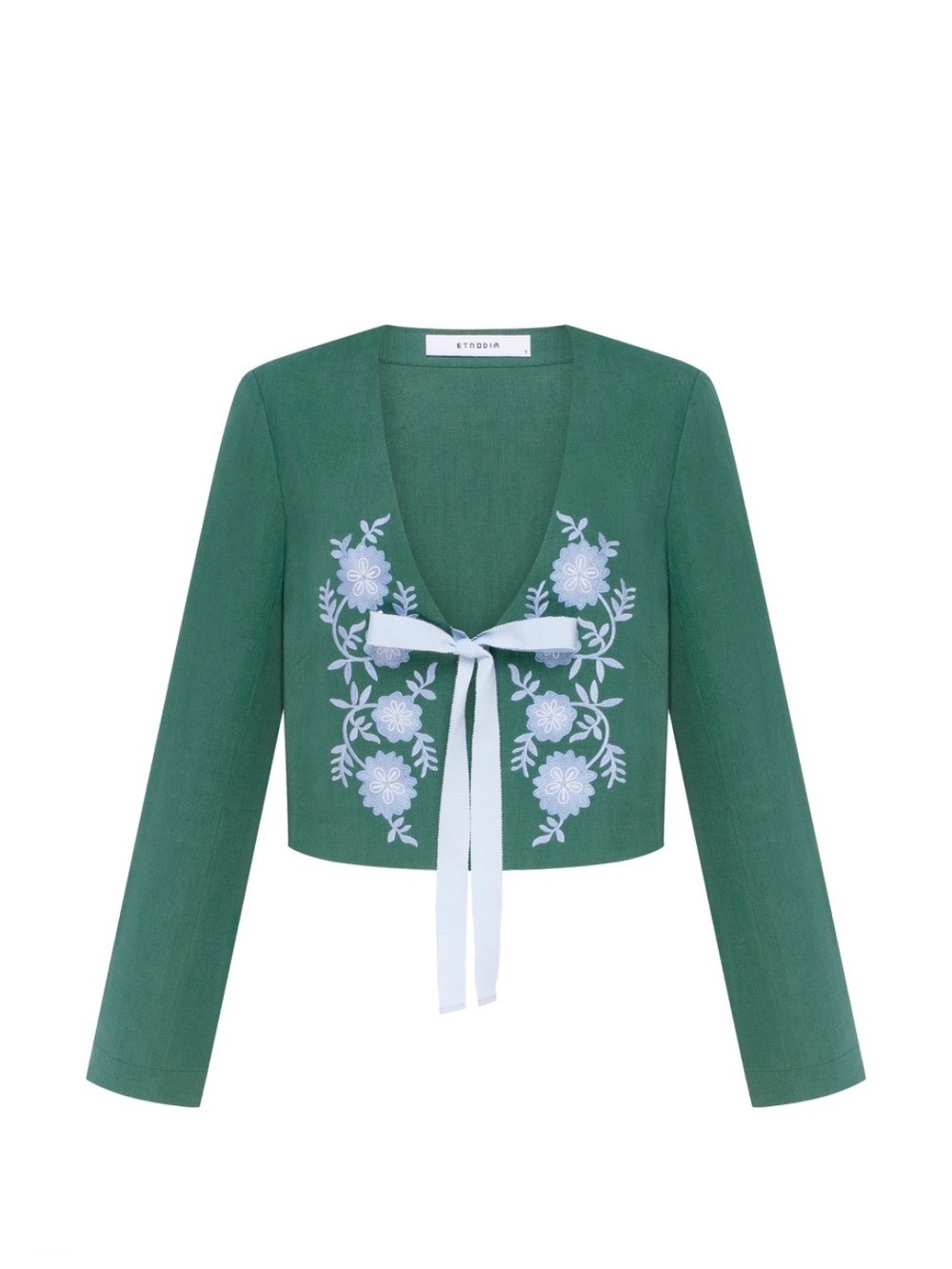 Embroidered Green Cropped jacket with White Floral Tie. Made of linen. Etnodim